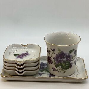 Vintage Porcelain Purple Floral Smoking Set